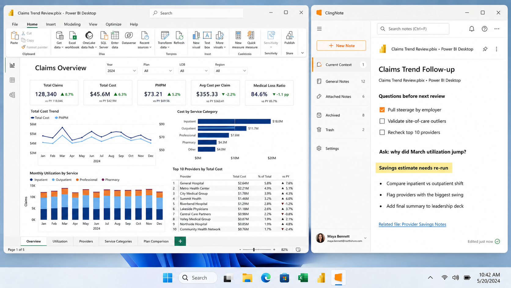 Power BI report and its ClingNote note side by side