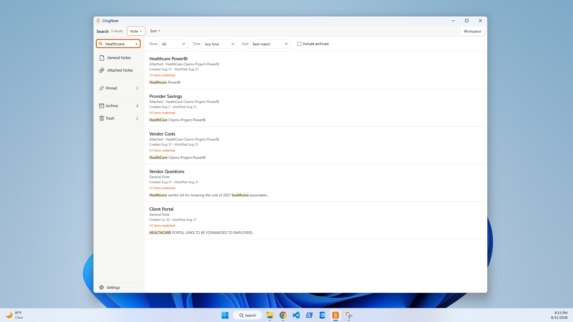 ClingNote search across attached and general notes