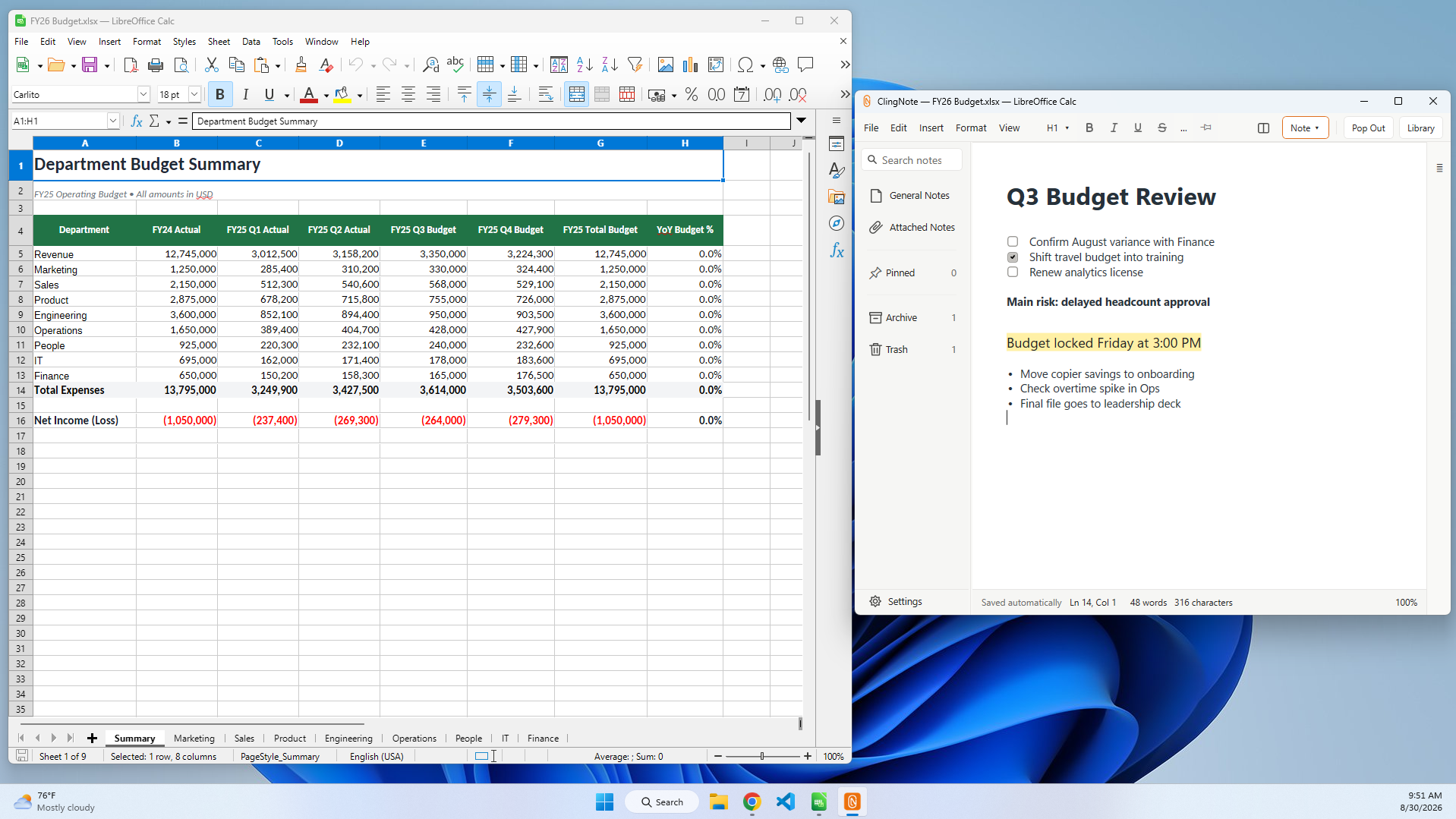 Spreadsheet beside its ClingNote note