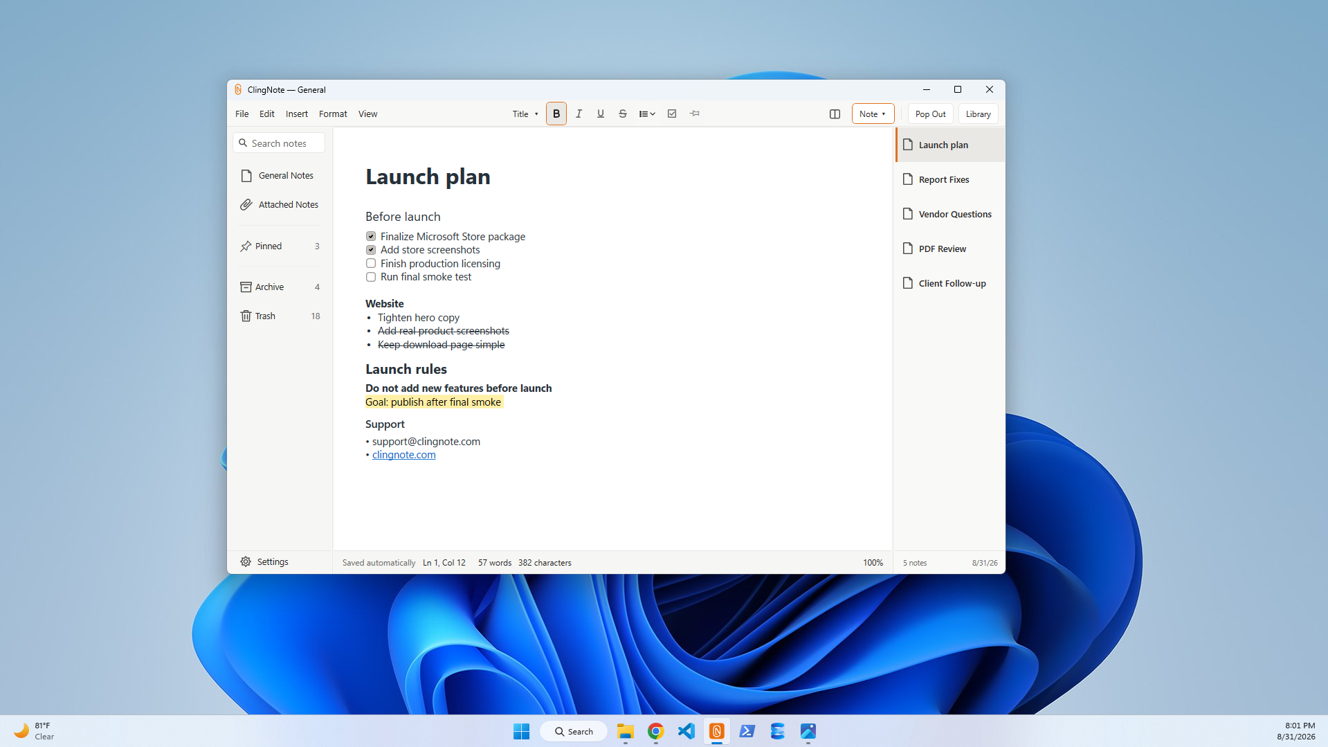 ClingNote full notes workspace